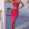 Asymmetric Neckline Ruched Cut Out Maxi Dress in Fuchsia
