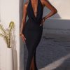 Plunge Cowl Neck Floor Length Dress in Black
