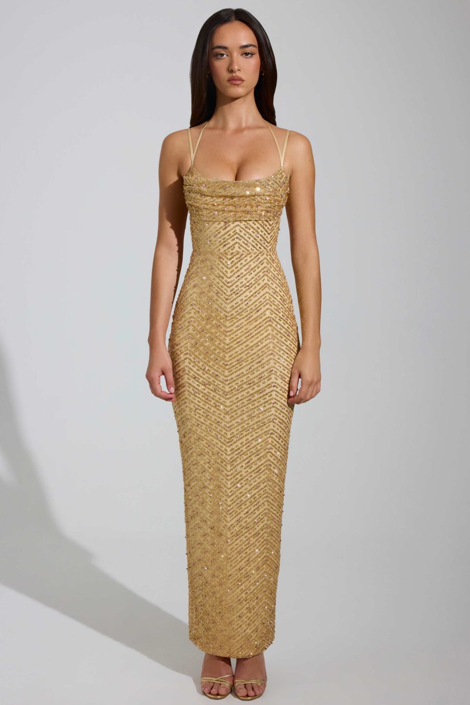 Embellished Cowl-Neck Maxi Dress in Gold