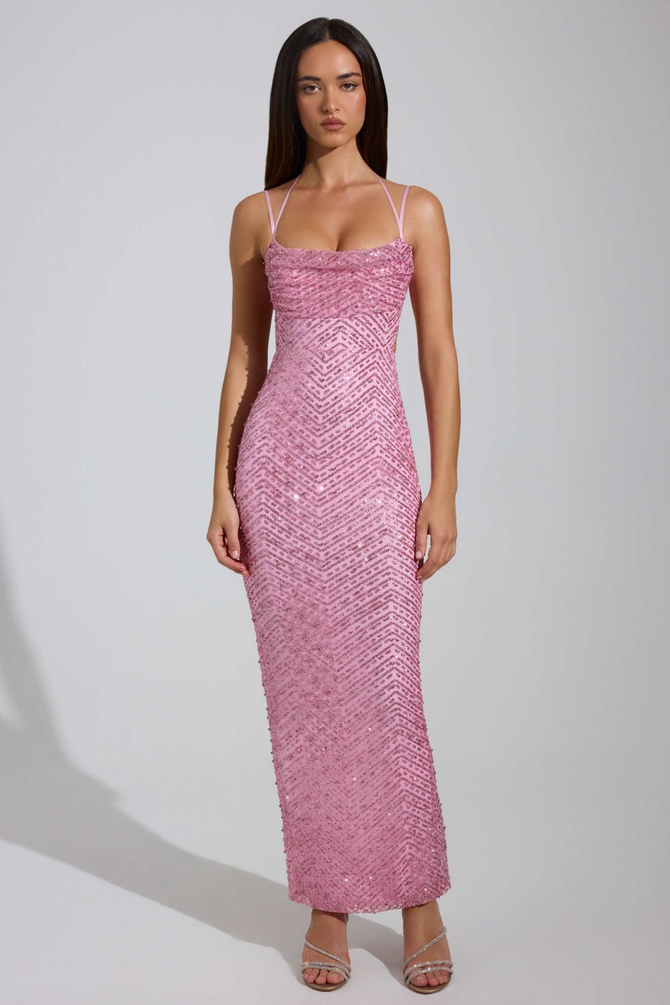 Embellished Cowl-Neck Maxi Dress in Pink