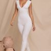 Plunge Neck Ruched Waist Jumpsuit in White