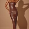 Strapless Vegan Leather Maxi Dress in Brown