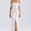 Off-Shoulder Ruffle-Trim Gown in Ivory