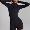 Slinky Jersey Long-Sleeve Playsuit in Black