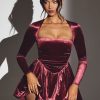 Velvet Long Sleeve Corset Mini Dress in Wine
