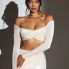 Velvet Off-Shoulder Ruched Crop Top in Ivory