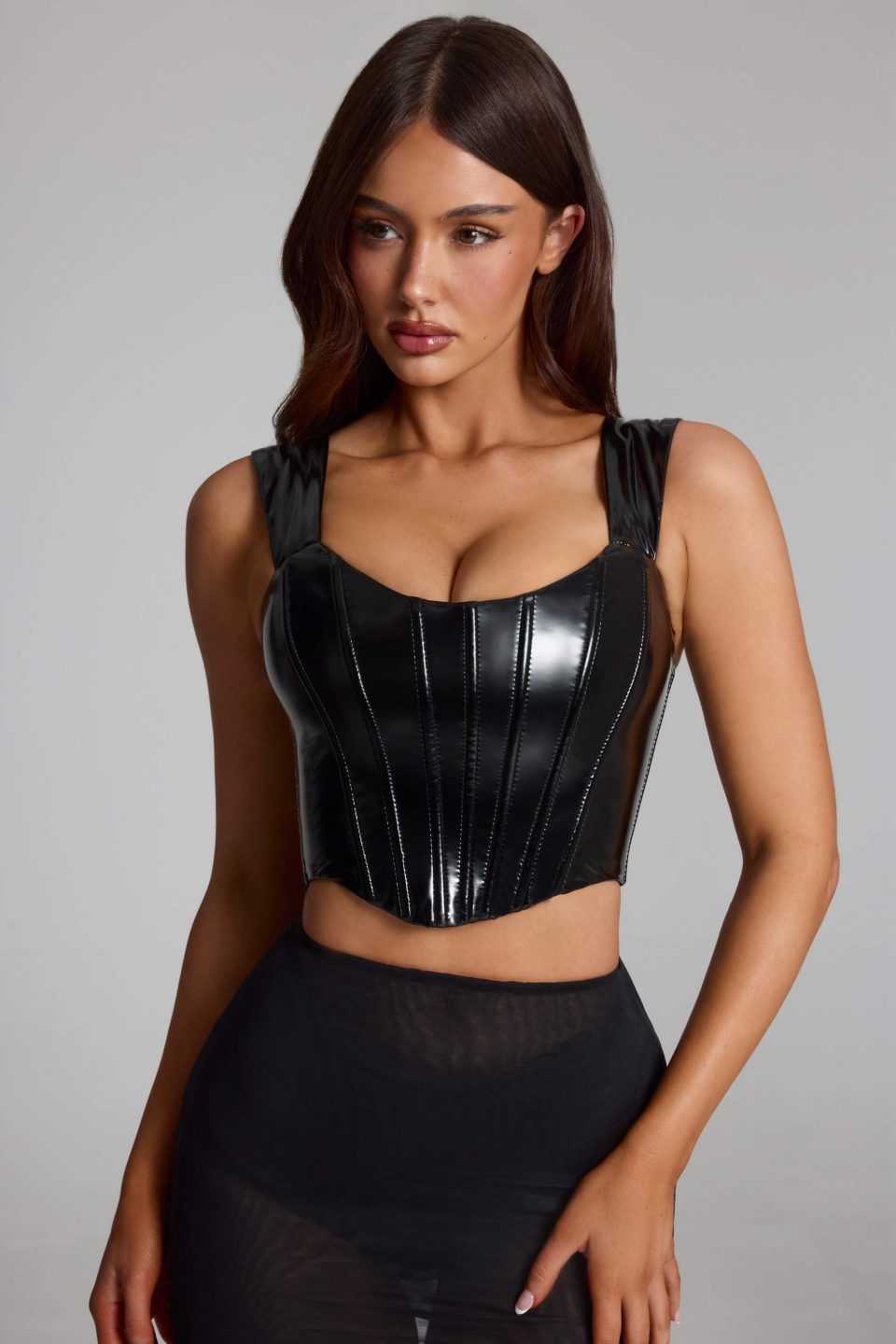 Vinyl Lace-Up Corset Top in Black