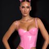 Vinyl Underwired Corset Crop Top in Pink