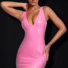 Vinyl Plunge Neck Bodycon Mini Dress in Pink