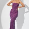 Embellished Strapless Ruffle Maxi Dress in Plum