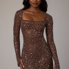 Sheer Embellished Long Sleeve A-Line Mini Dress in Deep Cocoa