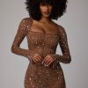 Sheer Embellished Long Sleeve A-Line Mini Dress in Mocha