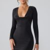 Slinky Jersey Long Sleeve Plunge Neck Mini Dress in Black