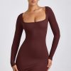 Ribbed Modal Long Sleeve Mini Dress in Chocolate