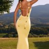 Slinky Jersey Floral-Appliqué Gown in Pastel Yellow