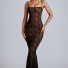 Sheer Lace Fishtail Gown in Black