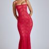 Sheer Lace Fishtail Gown in Cherry Red