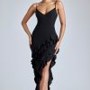 Panelled Ruffle Evening Gown in Black
