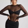 Sheer Panelled Long Sleeve Mini Dress in Black