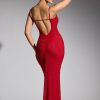 Embellished Plunge Neck Evening Gown in Red