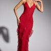 Embellished Halter Neck Ruffle Maxi Dress in Red