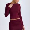 Modal High Neck Long Sleeve Open Back Top in Wine Red