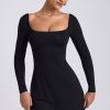 Modal Square Neck Long Sleeve Mini Dress in Black