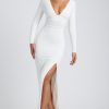 Modal Plunge Neck Long Sleeve Maxi Dress in White