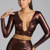 Plunge Neck Metallic Jersey Crop Top in Copper Bronze