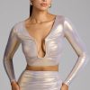 Plunge Neck Metallic Jersey Crop Top in Light Gold
