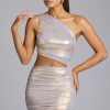 One Shoulder Metallic Jersey Mini Dress in Light Gold