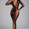 Long Sleeve Metallic Jersey Evening Gown in Copper Bronze
