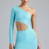 Metallic Cut-Out One-Shoulder Mini Dress in Ice Blue