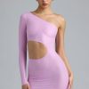 Metallic Cut-Out One-Shoulder Mini Dress in Violet Pink