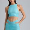 Metallic Ruched High-Neck Top in Ice Blue
