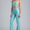 Tall Metallic Ruched Cut-Out Flared Jumpsuit in Ice Blue