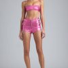 Metallic High-Waist Denim Shorts in Deep Pink