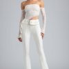 Tall Metallic Belted Mid-Rise Flared Trousers in Ivory