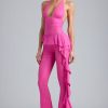 Petite Metallic Ruffle Low-Rise Flared Trousers in Bubblegum Pink