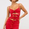 Slinky Jersey Rose Detail Cut Out Mini Dress in Scarlet Red