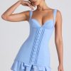 Ruffle-Trim Button-Detail Corset Mini Dress in Sky Blue
