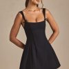 Bow-Detail Pleated A-Line Mini Dress in Black