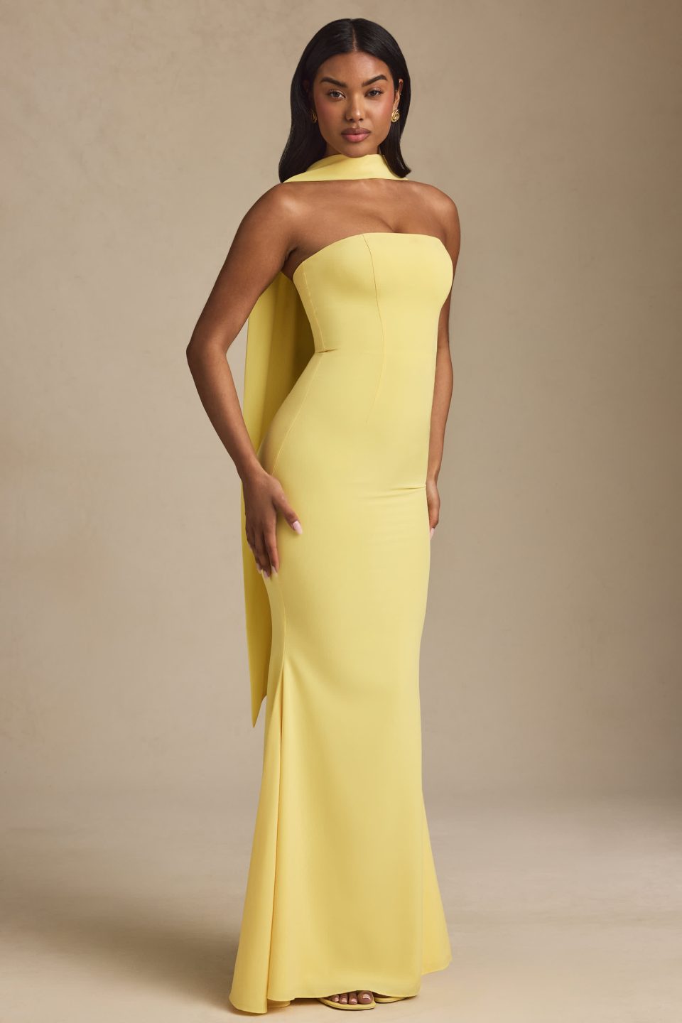 Scarf-Detail Strapless Gown in Pastel Yellow