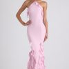 Ruffle-Trim Halterneck Gown in Soft Pink