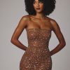 Sheer Embellished Bodycon Mini Dress in Mocha