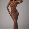 Sheer Embellished Long Sleeve Evening Gown in Mocha