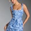 Floral-Appliqué Corset Mini Dress in Blue