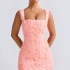 Floral-Appliqué Corset Mini Dress in Coral