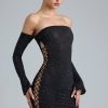 Embellished Lace-Up Off-Shoulder Mini Dress in Black