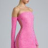 Embellished Lace-Up Off-Shoulder Mini Dress in Bubblegum Pink